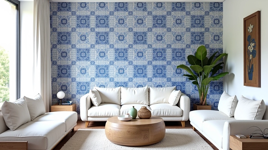 Azulejos cerâmicos portugueses em tons azuis e brancos decorando parede de sala