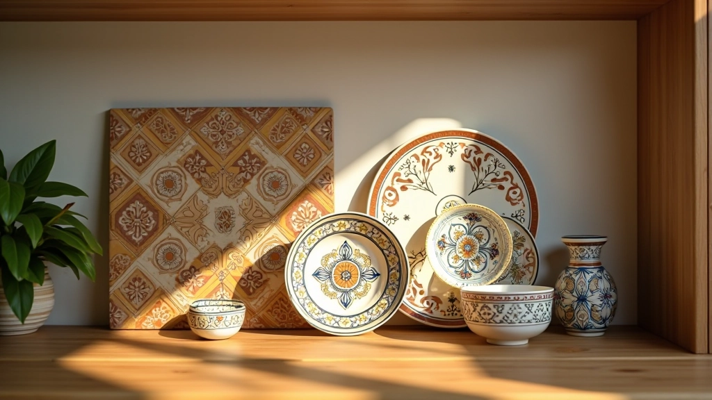 Detalhe de cerâmica portuguesa tradicional em uma sala de estar bem iluminada com móveis confortáveis