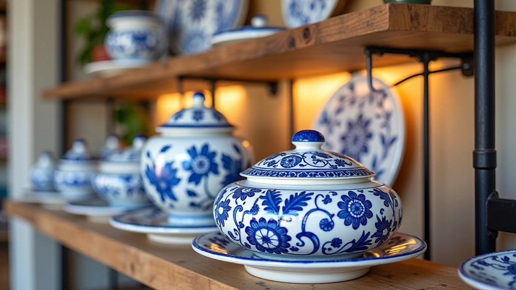 Detalhe de cerâmica portuguesa tradicional em parede, azulejos azuis e brancos, peças decorativas em nicho, iluminação destacando texturas