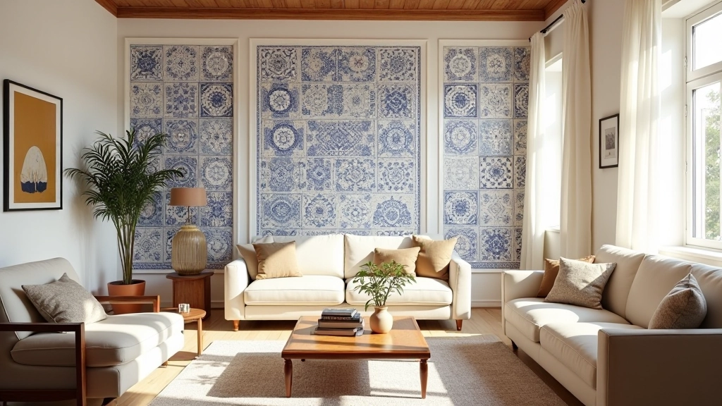 Sala com painéis de cerâmica portuguesa azul e branca nas paredes