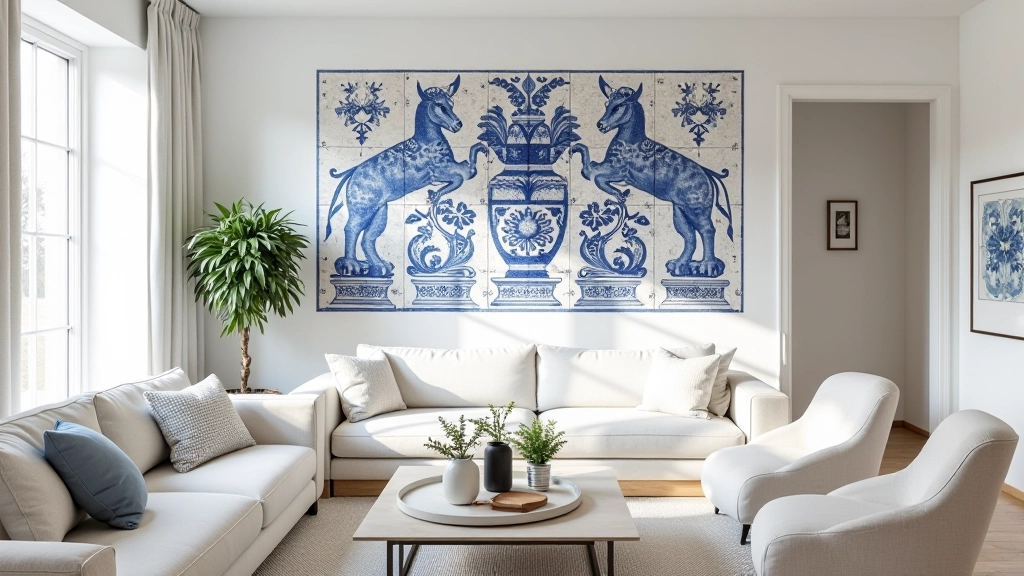 Detalhe de azulejos cerâmicos portugueses tradicionais integrados em sala moderna, combinando azul e branco com móveis contemporâneos
