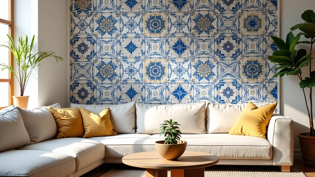 Detalhe de azulejos cerâmicos portugueses tradicionais em uma parede de sala