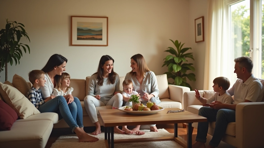Família reunida numa sala aconchegante, adultos e crianças, atividades variadas, conforto visível, móveis duráveis e práticos, ambiente genuíno