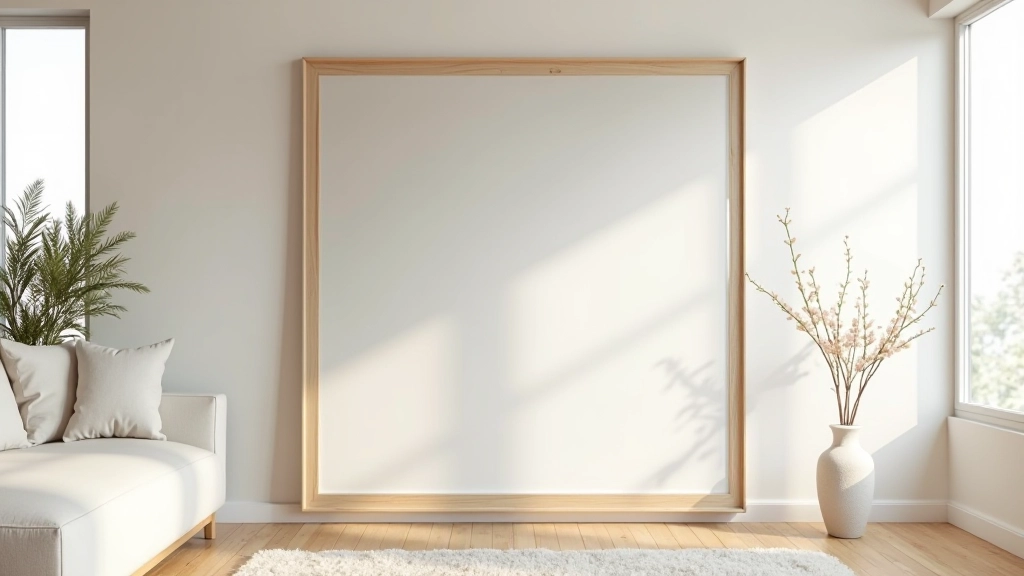 Espelho grande com moldura de madeira em uma sala, refletindo luz natural de uma janela para toda a sala