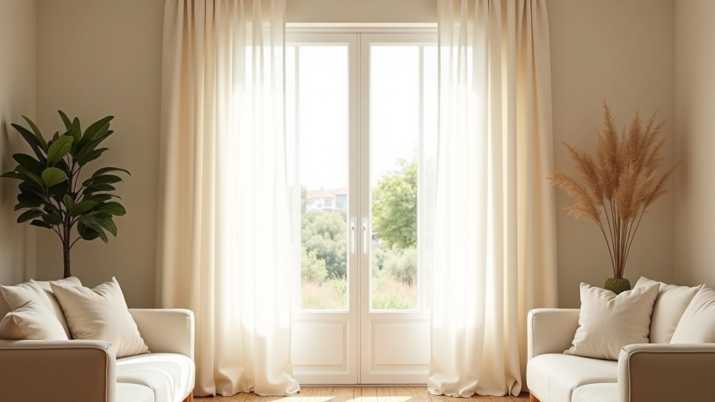 Janela grande com cortinas leves de linho em tons claros, permitindo entrada de luz natural difusa