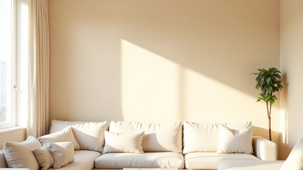 Parede pintada em tons claros de bege com detalhes em branco, demonstrando como cores claras refletem luz natural