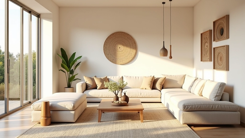 Sala de estar moderna com luz natural, móveis em tons neutros, e decoração cerâmica portuguesa tradicional