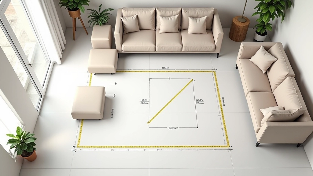 Imagem de sala com medições anotadas, mostrando sofá a 2,7 metros de poltrona, poltronas laterais a 2,4 metros uma da outra, mesa de centro no centro, dimensões claramente marcadas