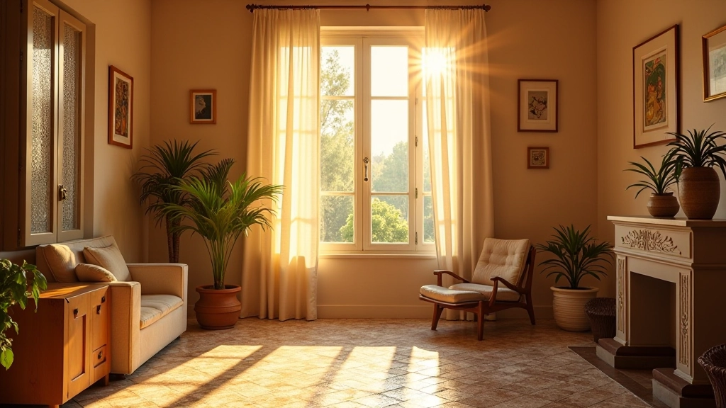 Luz natural da janela iluminando azulejos e peças cerâmicas decorativas, criando sombras e realçando texturas