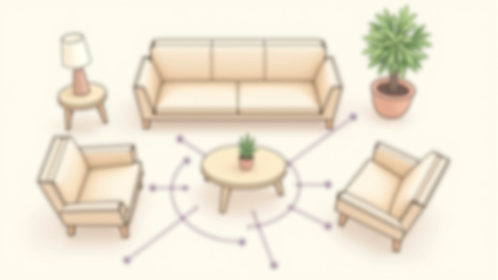Diagrama visual de sala com sofá em forma de L, duas poltronas laterais, mesa de centro, mostrando as linhas de visão entre assentos formando um triângulo