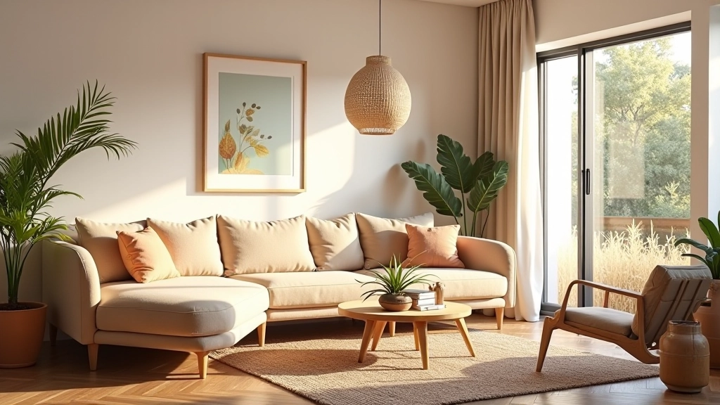 Sala de estar aconchegante com sofá cinzento, poltronas dispostas em ângulo, iluminação natural através de janela grande, decoração em tons quentes e acessórios cerâmicos portugueses