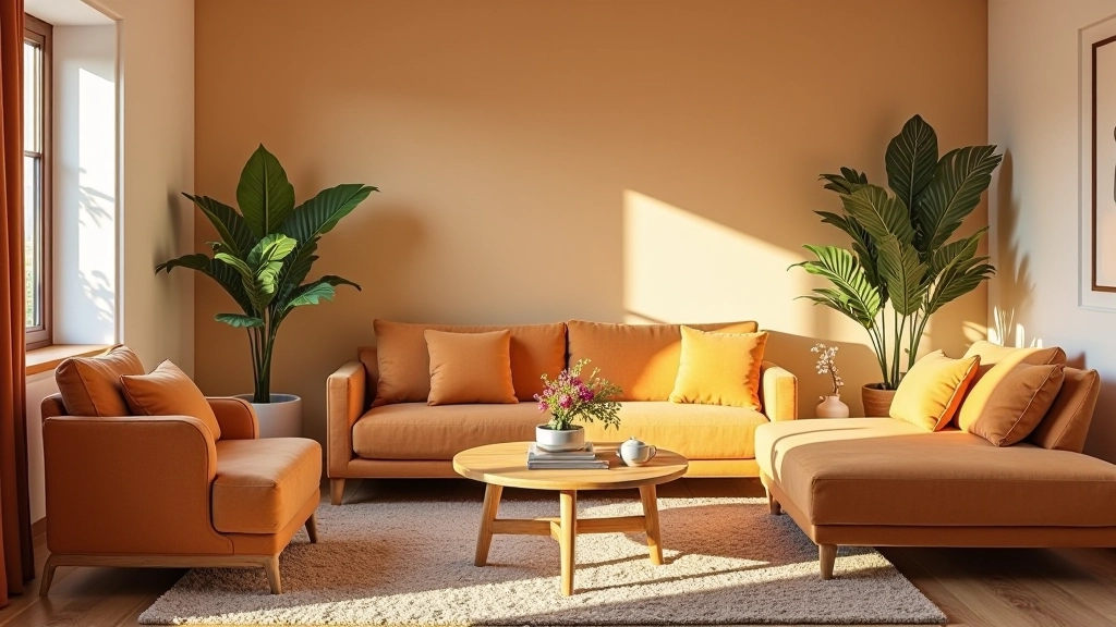 Sala de estar aconchegante com cores quentes, móveis confortáveis, iluminação ambiente, decoração familiar