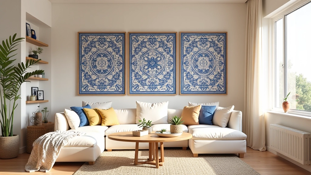 Sala de estar com azulejos cerâmicos portugueses tradicionais e peças decorativas artesanais