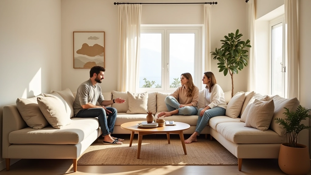 Sala de estar com móveis posicionados em círculo, pessoas conversando naturalmente, disposição aconchegante