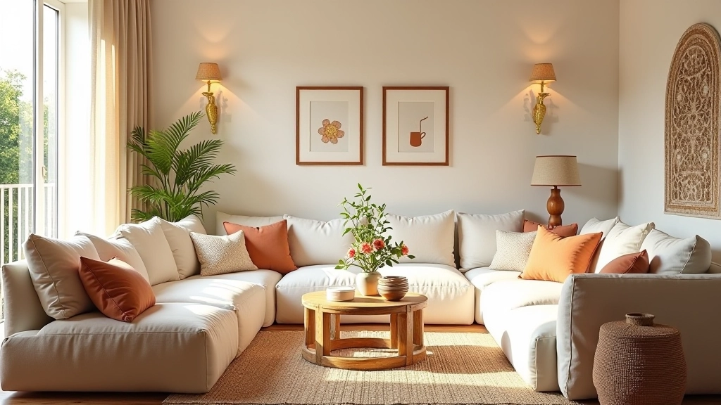 Sala familiar com móveis dispostos em círculo para conversa, luz natural abundante, decoração cerâmica portuguesa tradicional