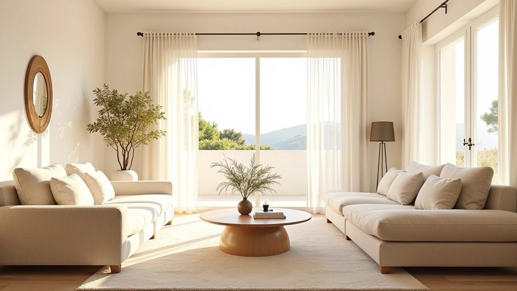 Sala iluminada por luz solar natural através de grandes janelas, com espelhos estrategicamente posicionados, cortinas claras, paredes em tons neutros