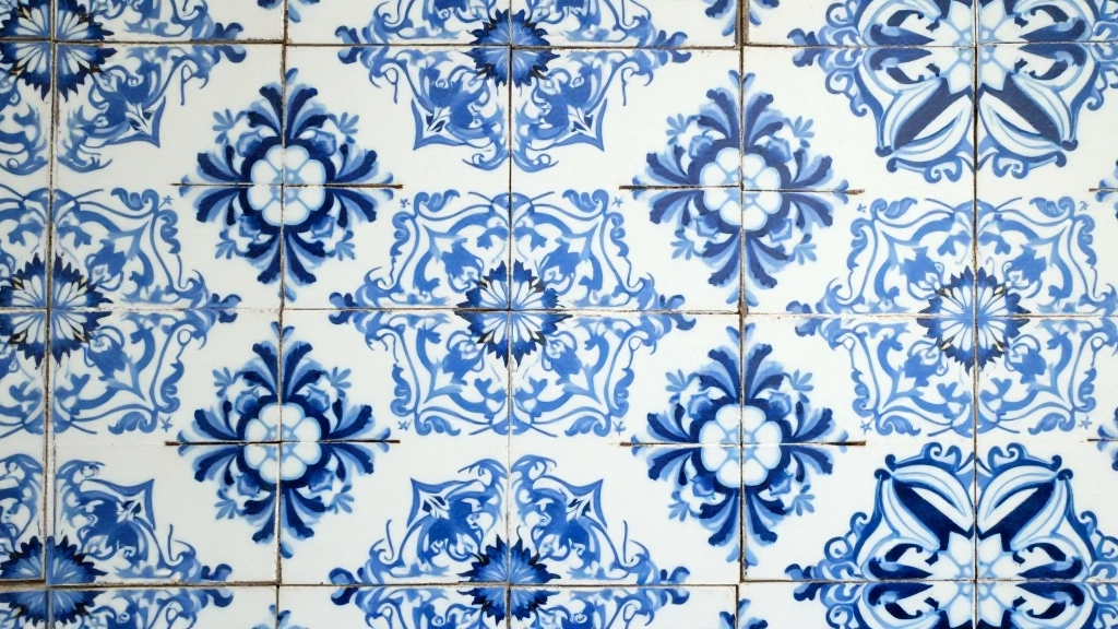 Painel de azulejos portugueses tradicionais com padrões geométricos azuis e brancos em sala de estar