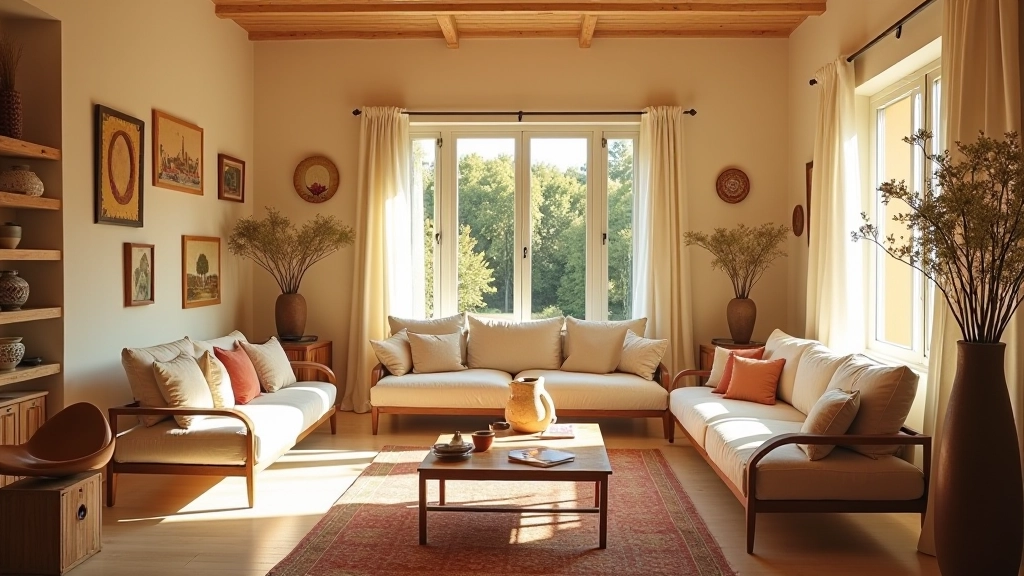 Sala de estar portuguesa com luz natural, móveis aconchegantes e decoração em cerâmica